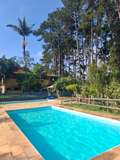 Piscina ao ar livre com árvores altas ao fundo